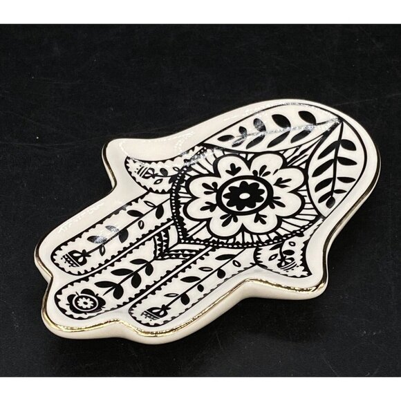 Hamsa Fatima Hand Trinket Dish Natural Life Black White Flower Design 4.5” - Picture 4 of 6